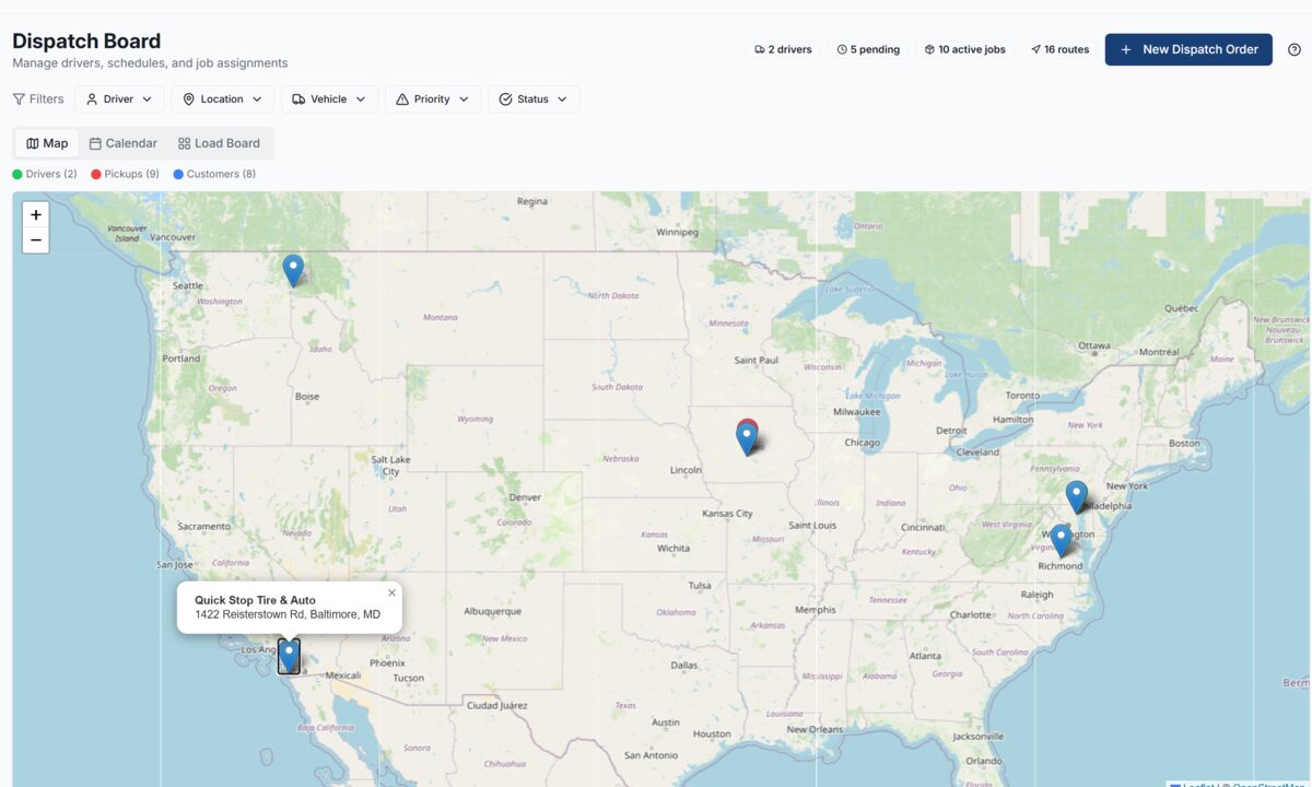 WeighFaster dispatch board with map view showing drivers, pickups, and customer locations across the US
