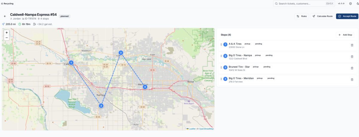 WeighFaster route planner with OSRM road-following polylines and stop management